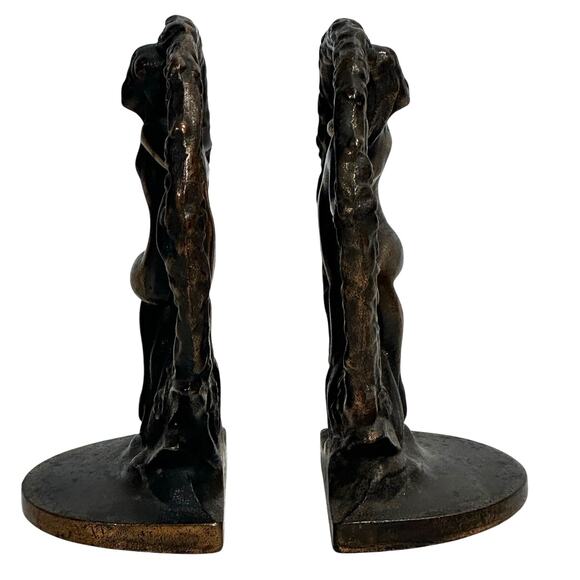 Antique Art Nouveau Heavy Cast 'Nude in Wreath' Set of Bookends Bronze Finish - Picture 2 of 9